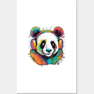 Colorful Fun Panda Bear wearing Headset Posters and Art